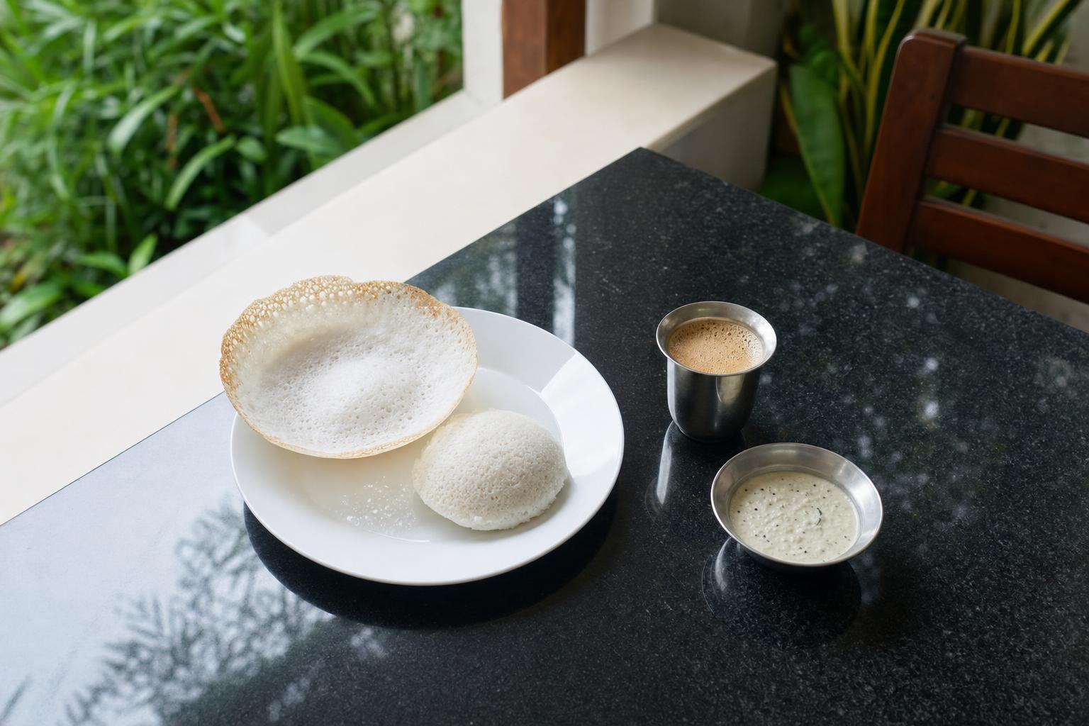 Illustration of a simple South Indian breakfast laid on a black granite table
