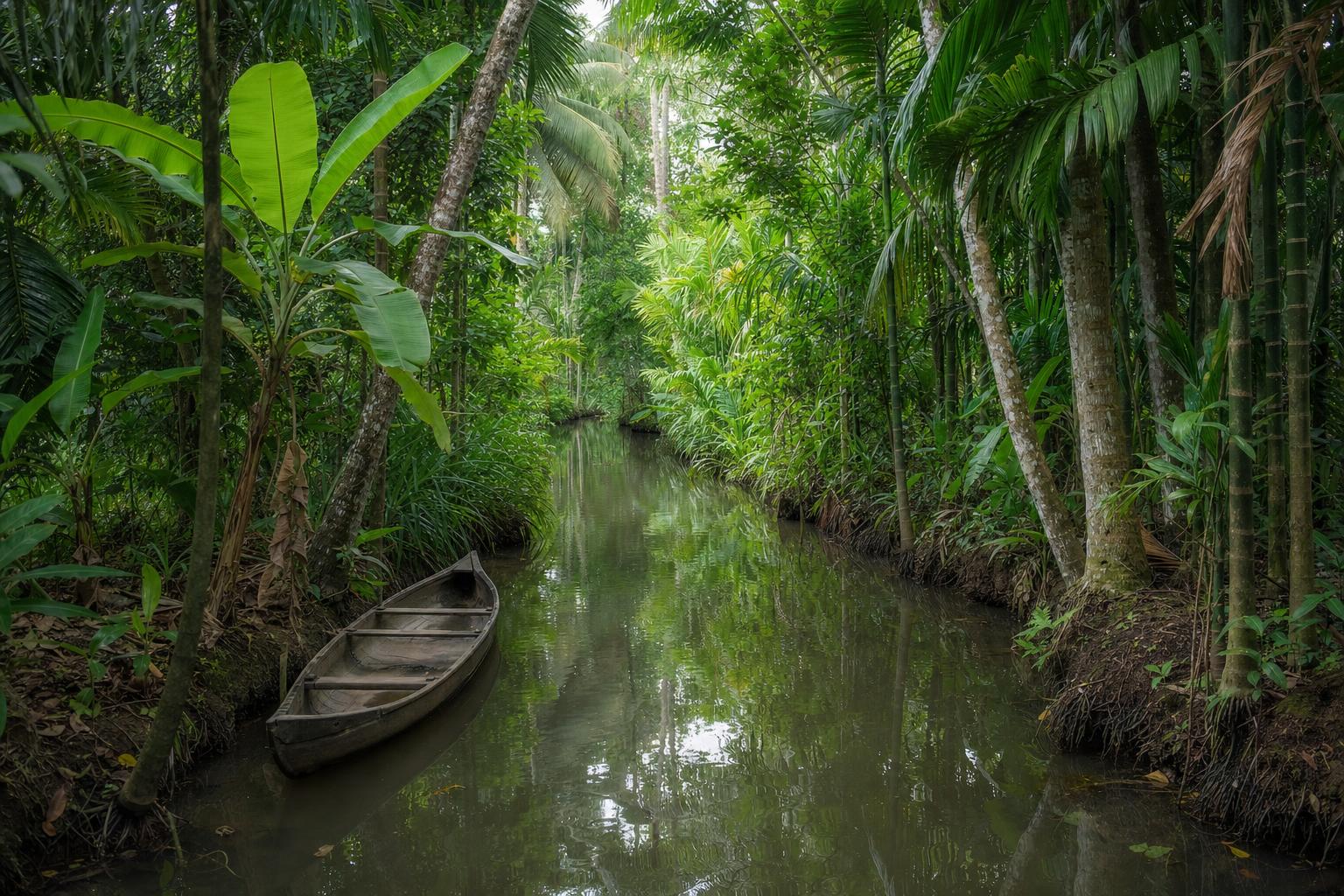 Illustration of a narrow backwater canal, coconut palms leaning over the water