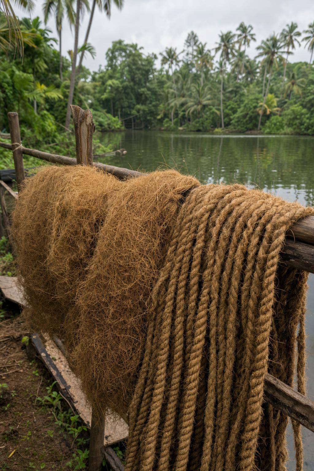 Illustration of coir rope drying on a wooden frame beside the water