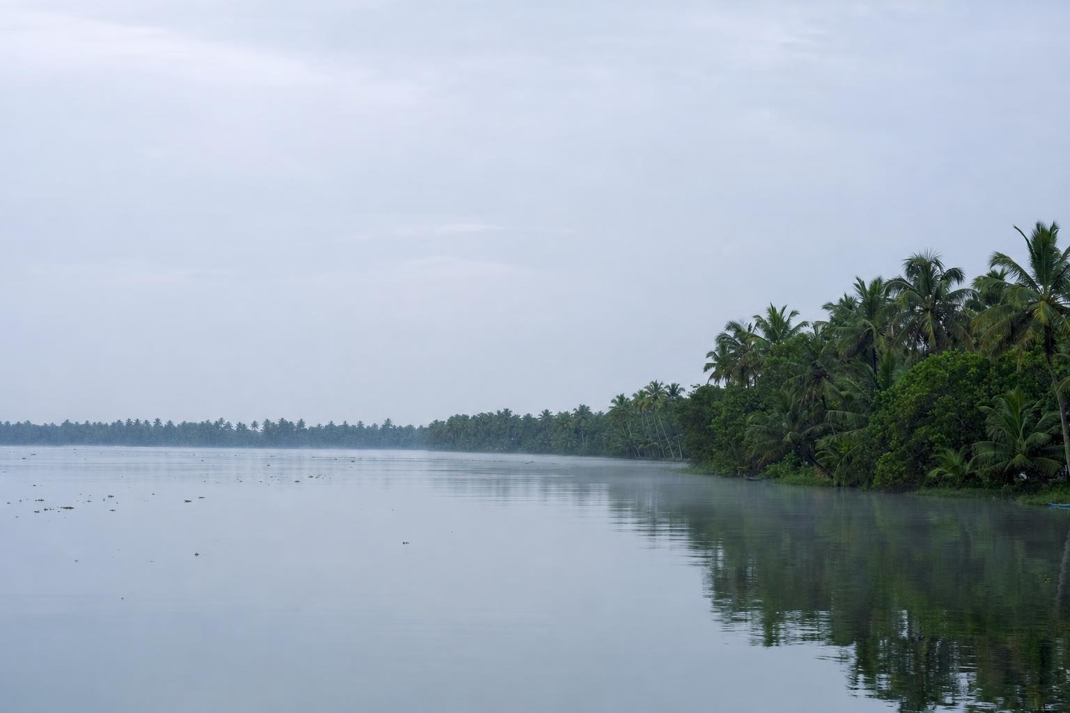 Illustration of still open backwater at first light, a low line of palms on the far shore