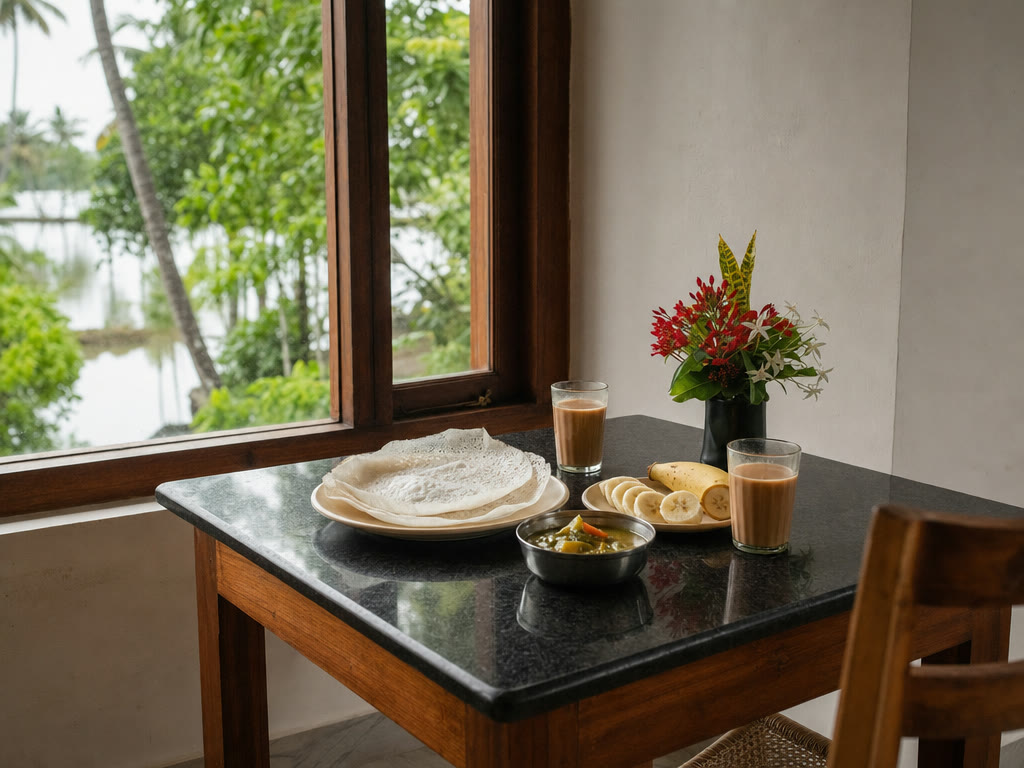 Breakfast of appams, stew, banana and chai on the black granite table by the window