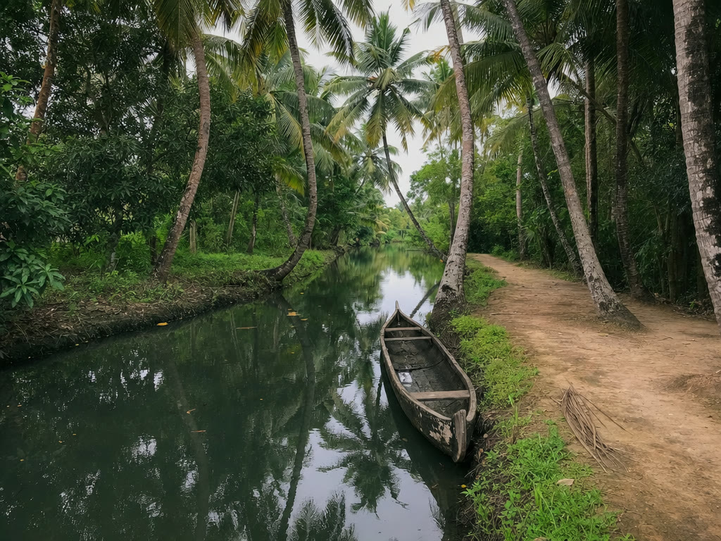 A narrow backwater canal with an empty wooden canoe at its bank, coconut palms leaning over the still water